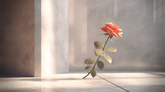 Pinkish rose with stem on beige marble floor 3D object rendering