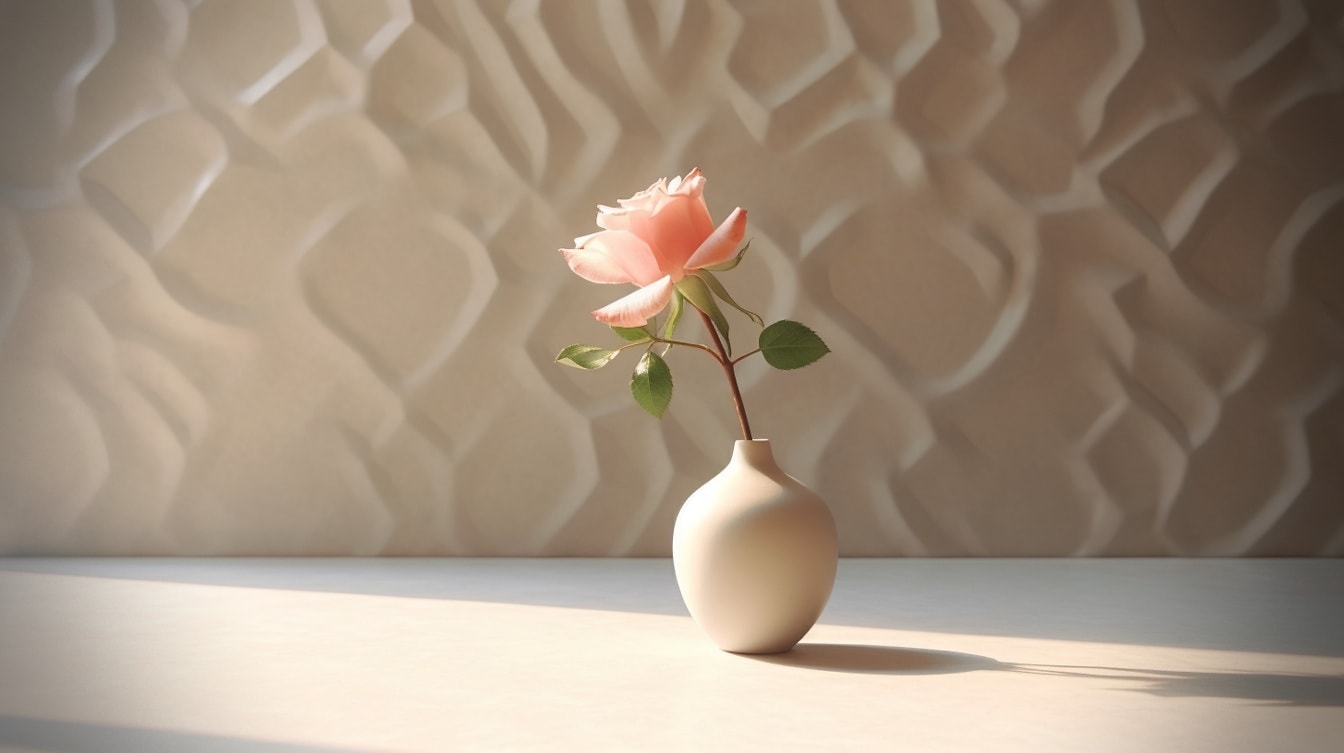 陶瓷花瓶中的单个粉红色玫瑰花蕾，带有米色背景插图