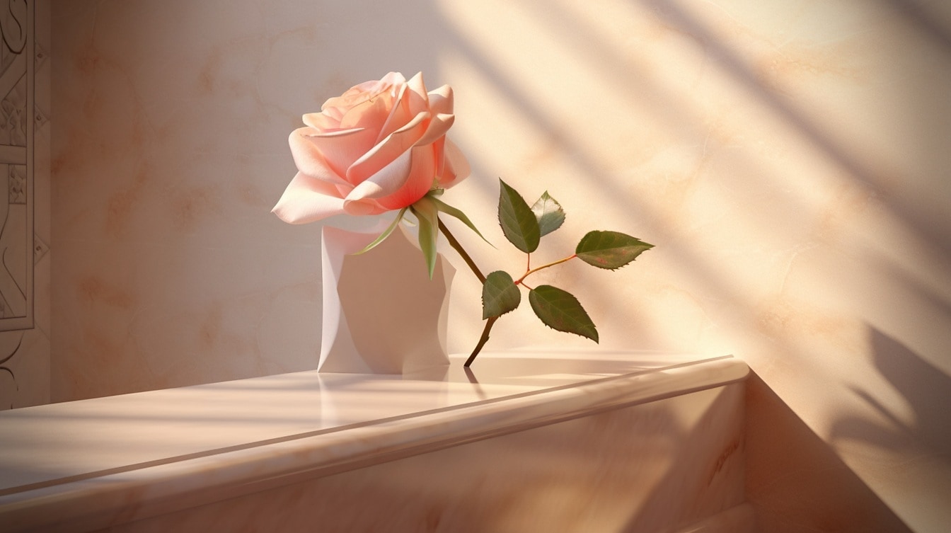Rosa rosada pastel na mesa de mármore bege