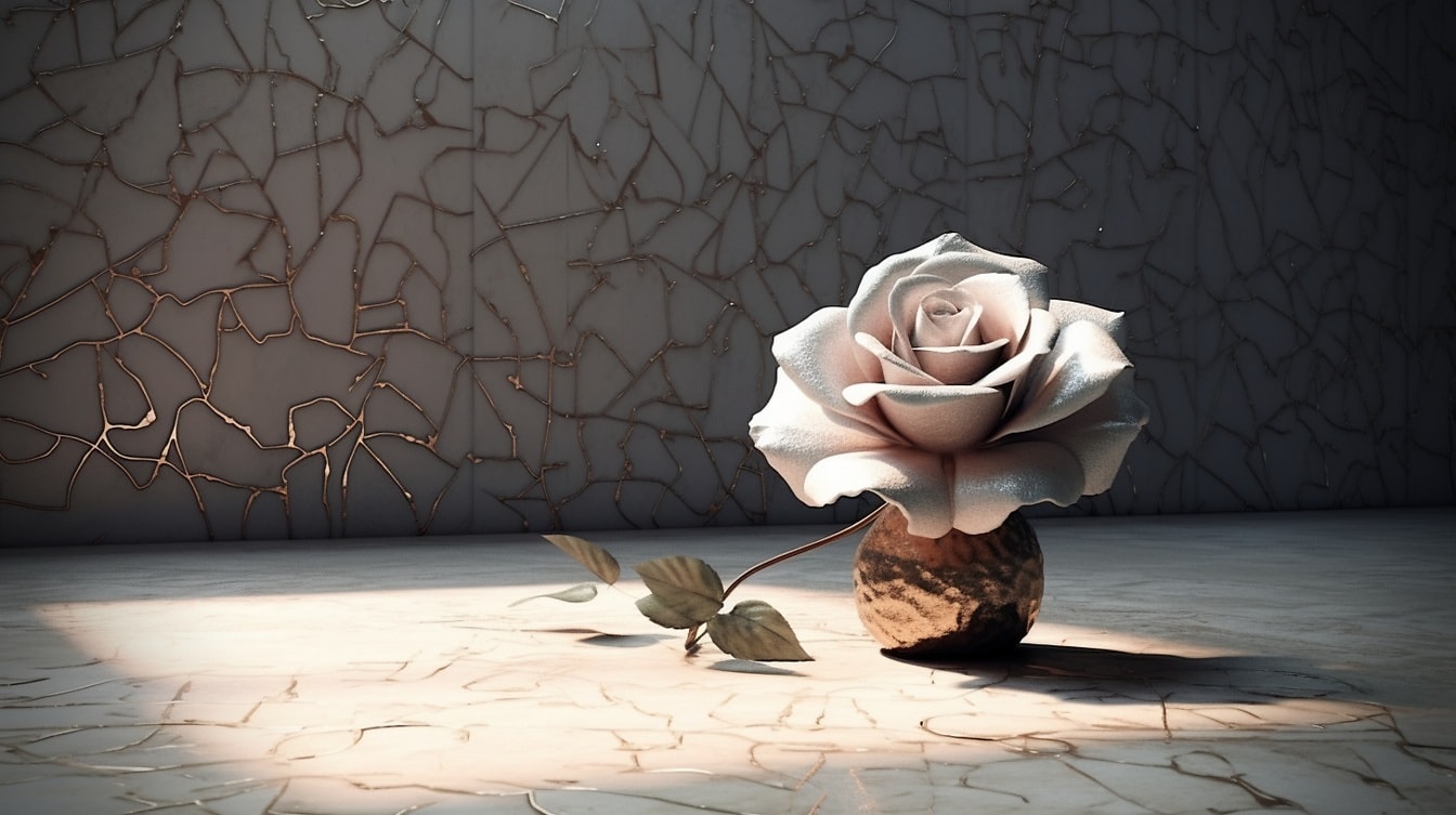 Illustration de nature morte de rose beige en porcelaine dans un vase en bronze