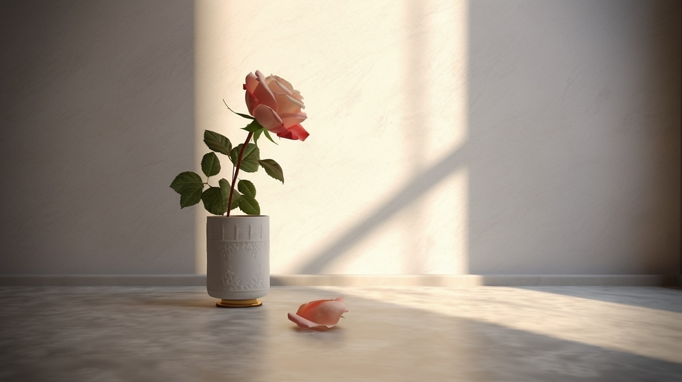 Pinkish rose in ceramic white vase on marble floor