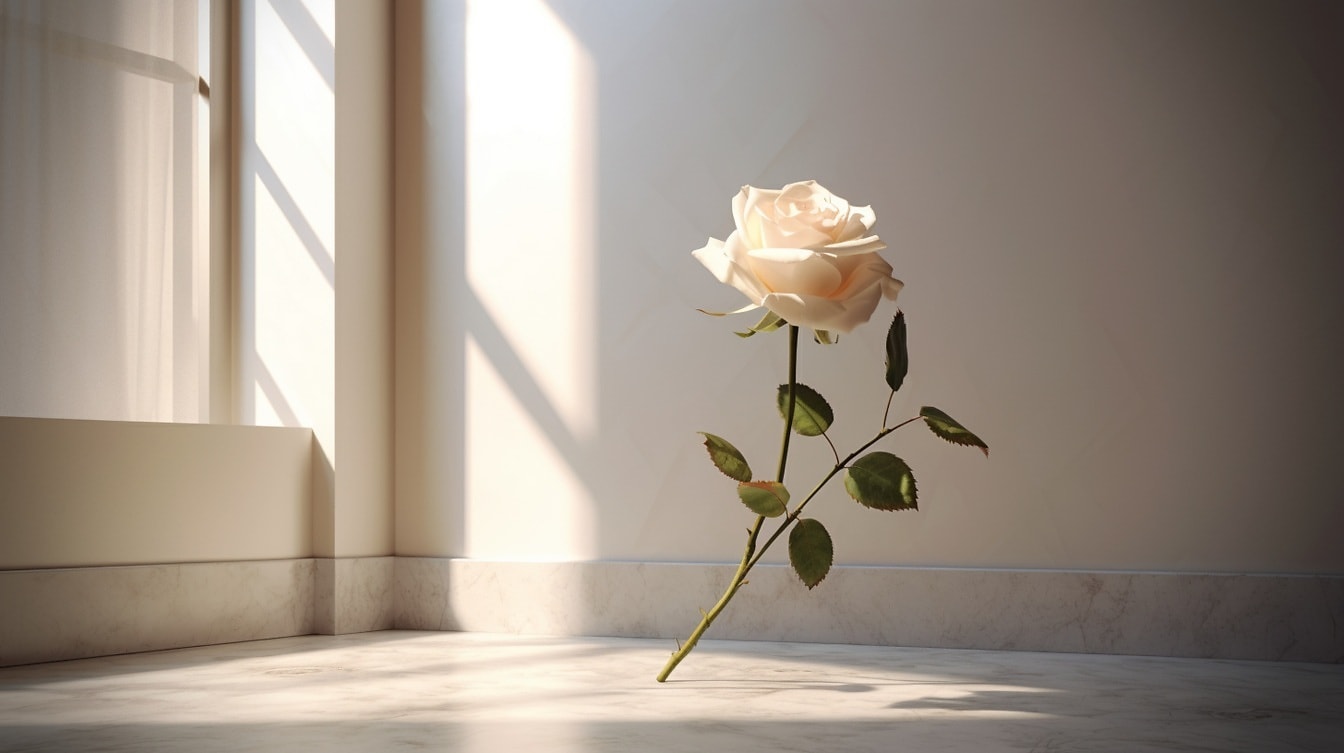 Trandafir alb pe pardoseală bej de marmură la umbră