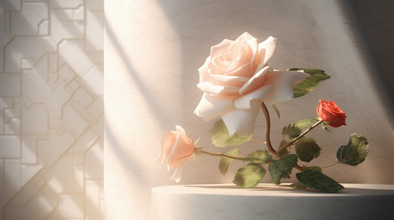 Illustration eines Rosenstängels mit weißen und rosafarbenen Blüten im Sonnenlicht