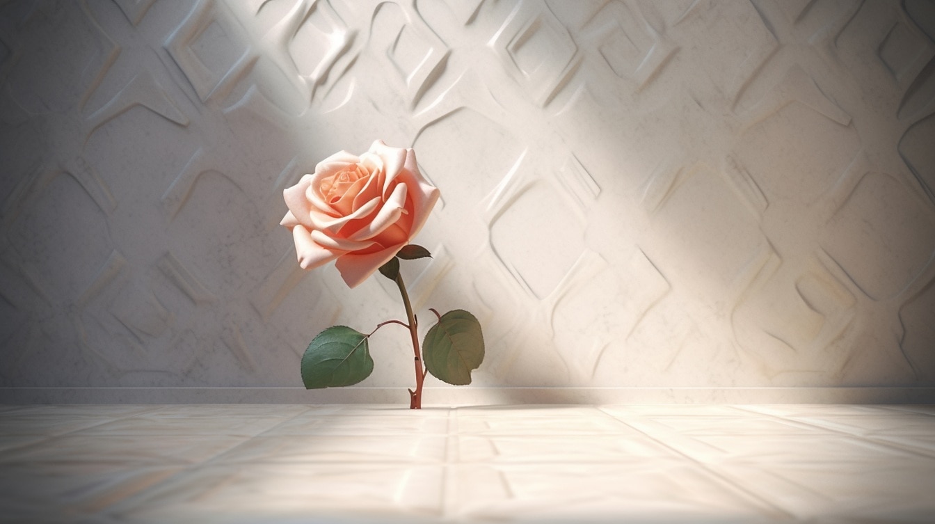 3D object rendering pinkish rose bud on empty floor