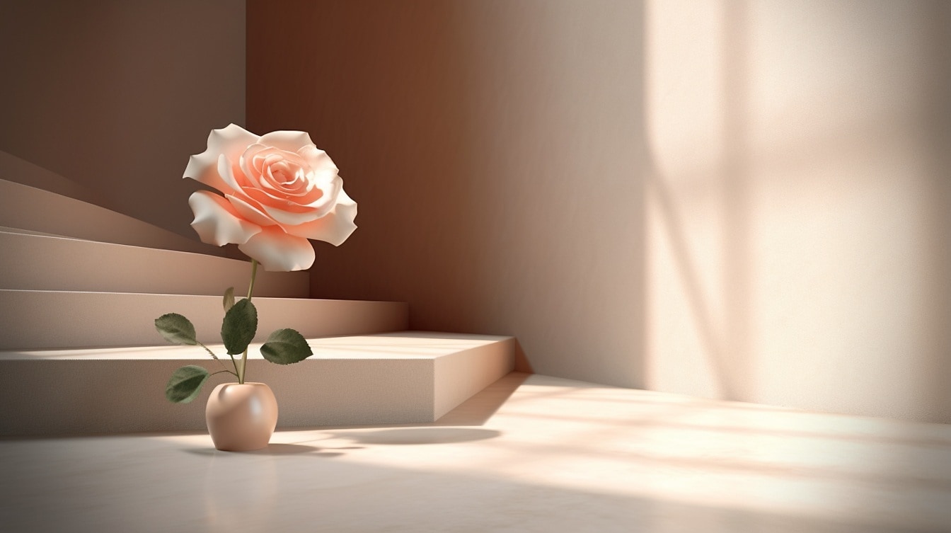 Bức tranh tĩnh vật trừu tượng trình bày hoa hồng phấn trong căn phòng trống