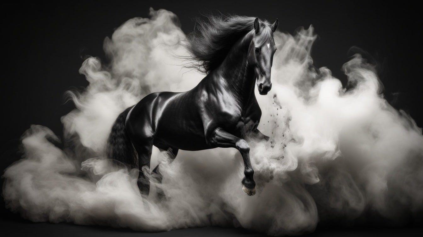 Чорний кінь жеребця вистрибує з білого диму