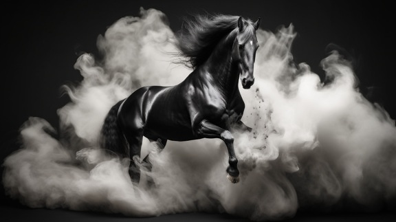 Black stallion horse jumping out of white smoke