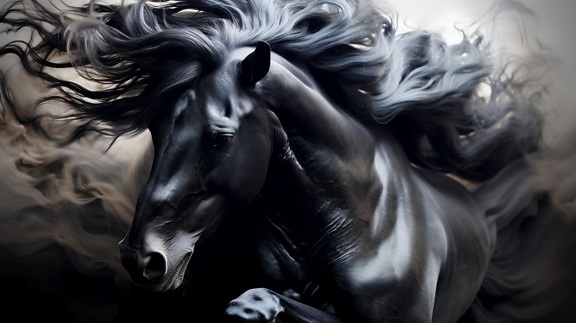 Närbildillustration av huvudet av den svarta hästen med långt hår