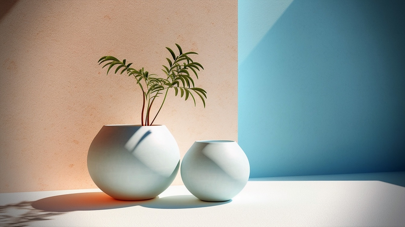 Ilustração moderna de vasos de flores brancos minimalismo no interior vazio