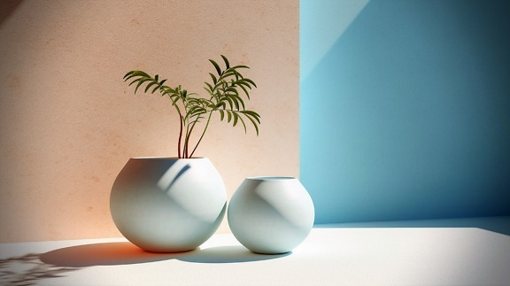 Modern illustration of minimalism white flowerpots in empty interior