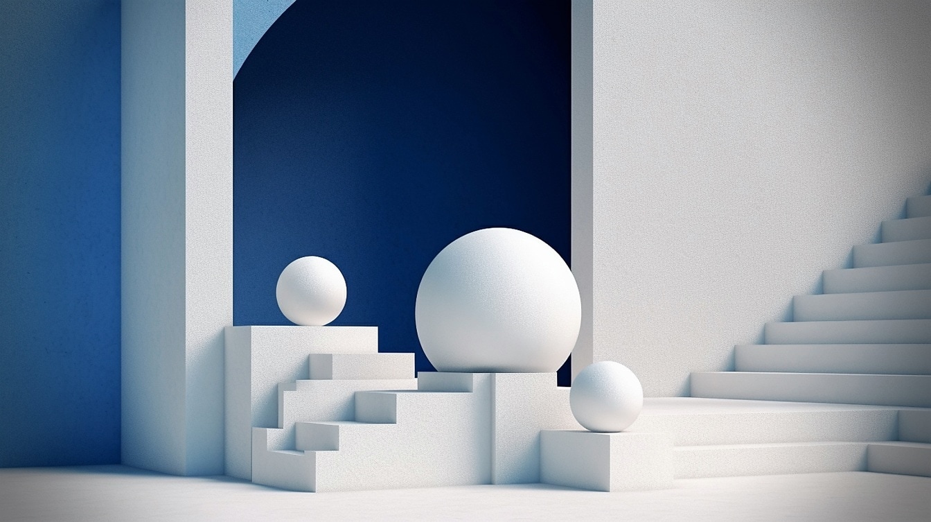 Design interior cu trei obiecte în formă de bilă albă