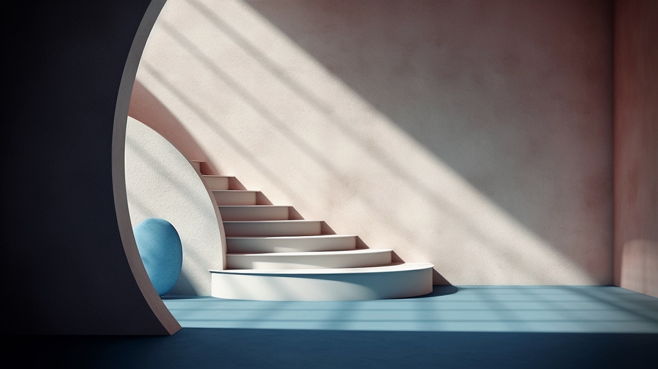 Moderne Illustration von beigen Treppen und Wänden mit dunkelblauem Boden