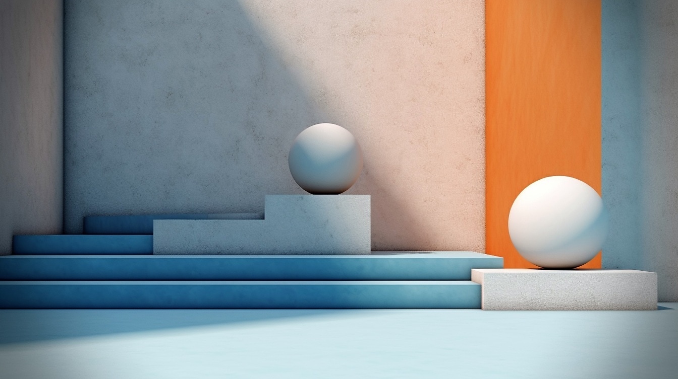 Keramik bulat berbentuk bola putih di tangga biru cerah