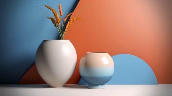 3D objects rendering white vases with orange yellow and blue background