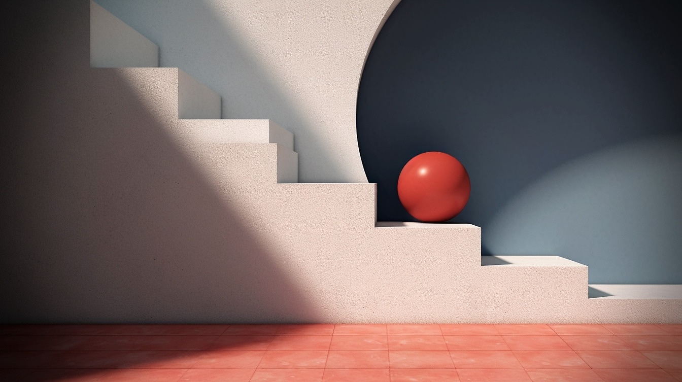Ilustrace tmavě červené koule na bílých schodech