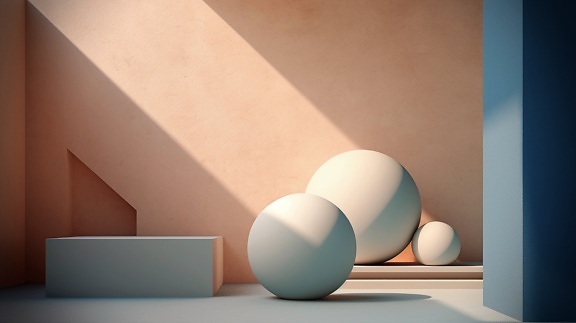 Presentation of three white ceramic balls in corner