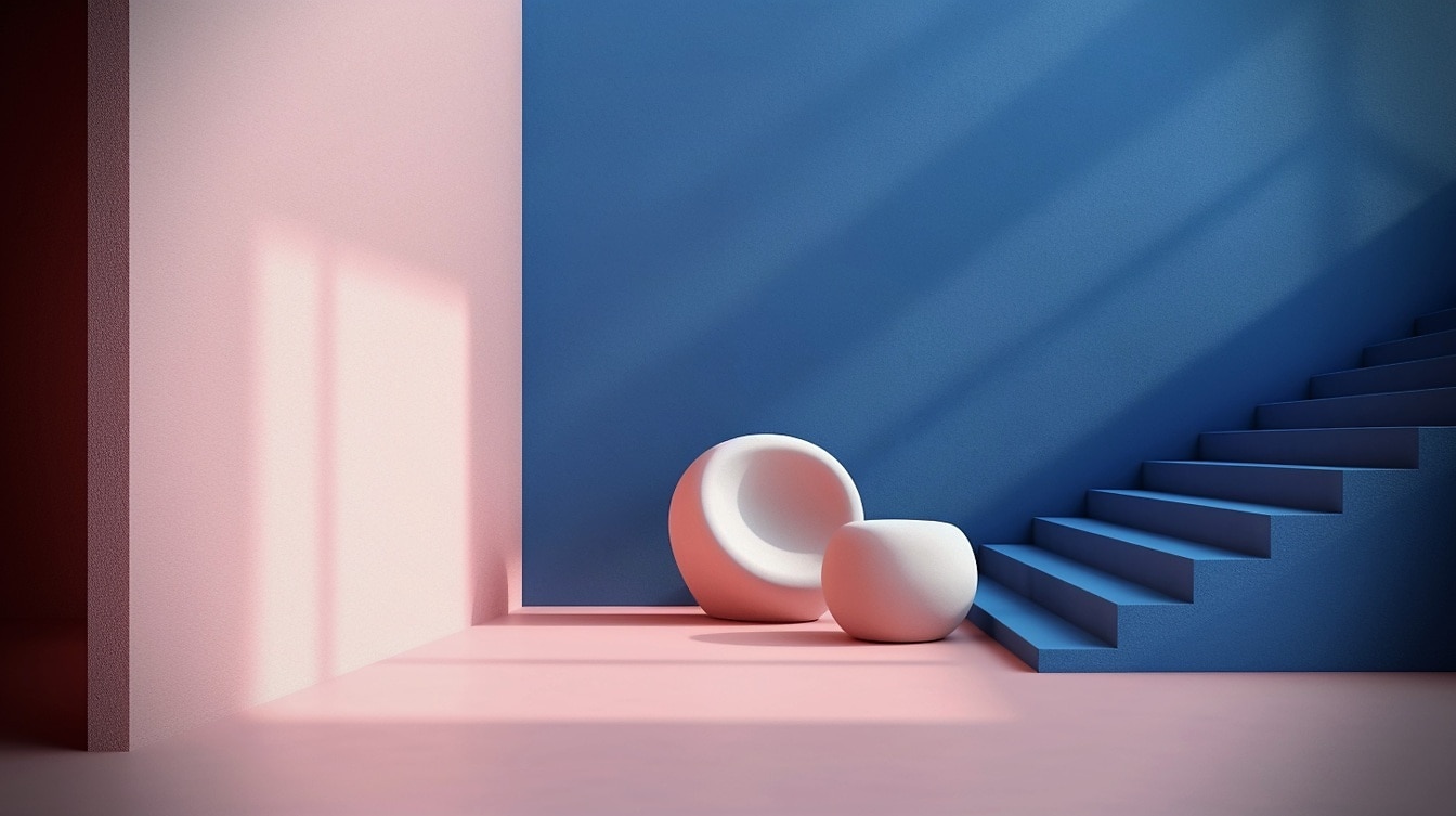 Round shaped white objects by dark blue stairs