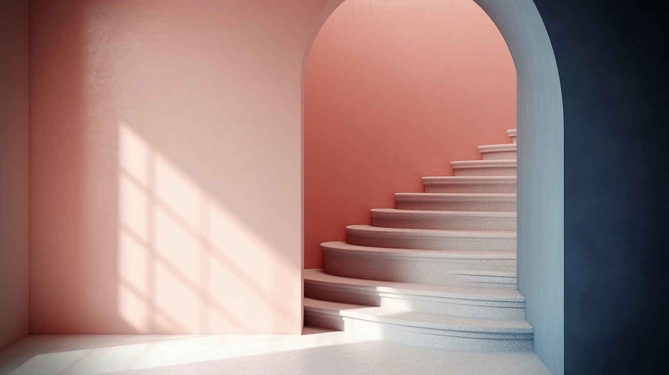 Illustration eines leeren Raumes mit rosafarbenen und blauen Wänden