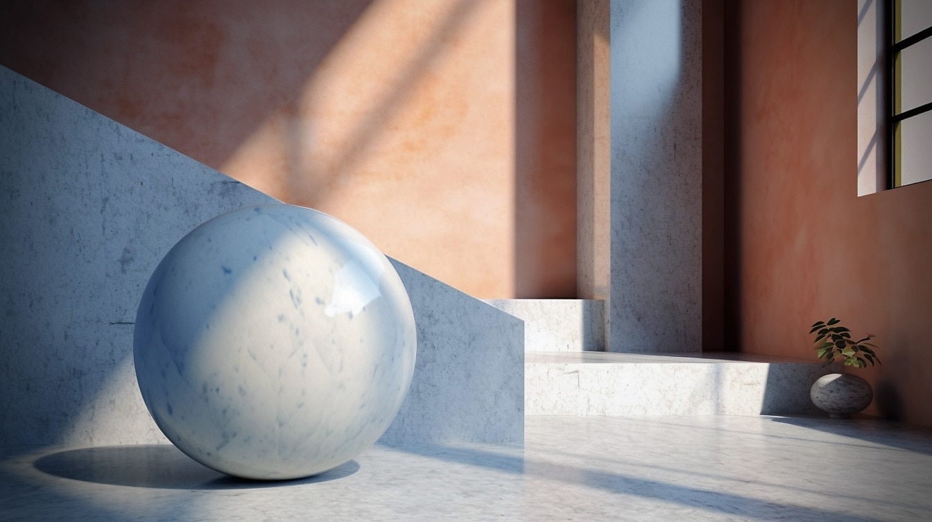 Vật thể hình quả bóng trắng bằng đá cẩm thạch lớn bóng loáng trong căn phòng trống