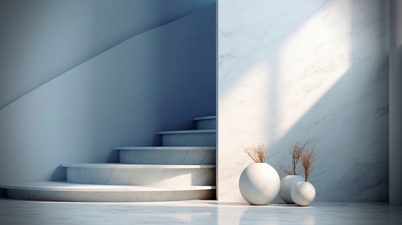 Ilustração da decoração interior do minimalismo com três vasos redondos