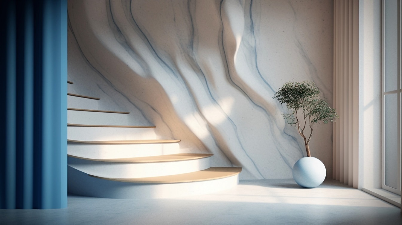 Modern minimalista lépcsőház belsőépítészet márványfallal