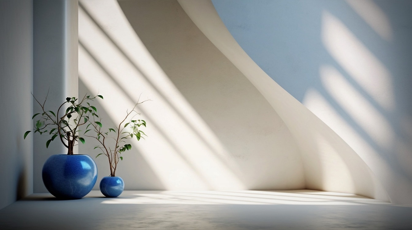 Graphic presentation of ball-shaped dark blue vases in corner