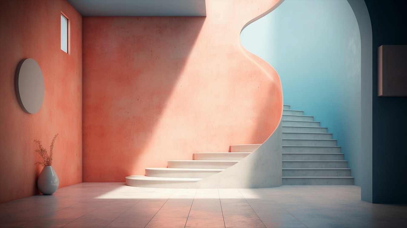 Narůžovělé a modré stěny a schodiště s minimalistickou výzdobou interiéru