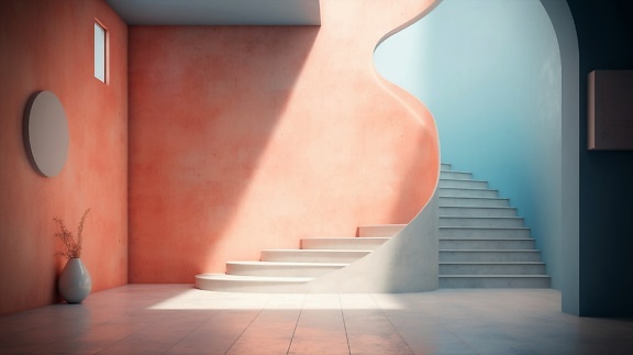 Pinkish and blue walls and stairs with minimalism interior decoration