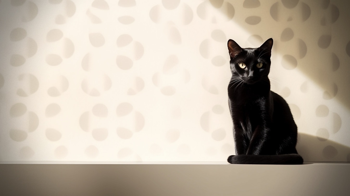 Anak kucing hitam murni yang penasaran duduk dalam bayangan