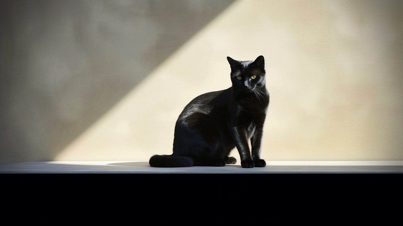Чистокръвна черна домашна котка, седяща на сянка до стената