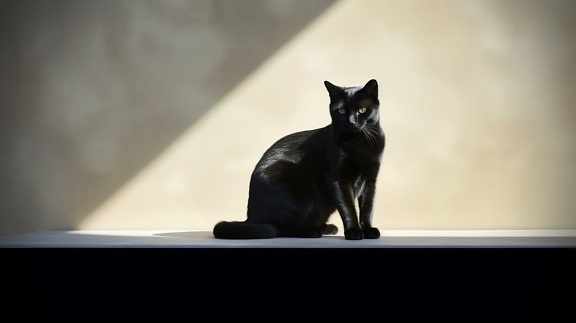 Purebred black domestic cat sitting in shadow by wall