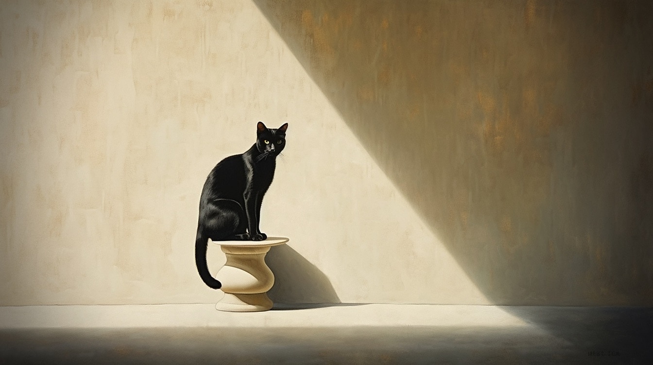 Fotomontaje de gato doméstico negro sentado en una mesa pequeña