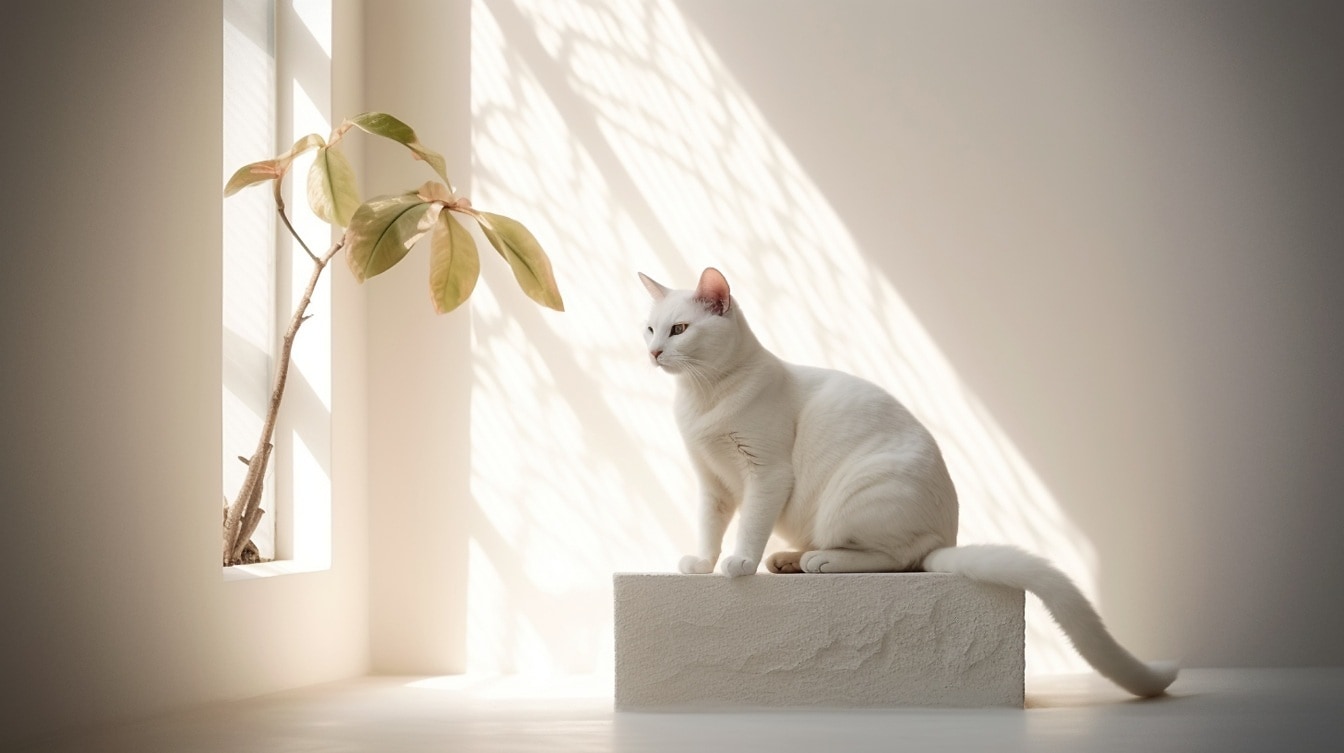 Kucing domestik putih murni penasaran di kamar kosong