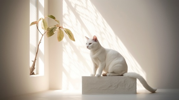 Neugierige reinrassige weiße Hauskatze in leerem Raum