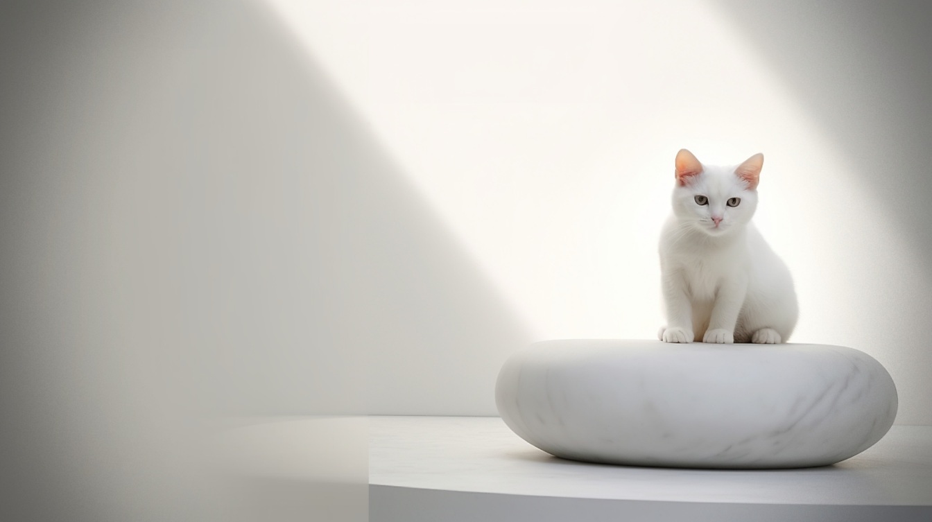 Ilustrasi minimalis putih kucing di atas marmer krem