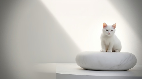 ภาพประกอบสีขาวเรียบง่ายของแมวบนหินอ่อนสีเบจ