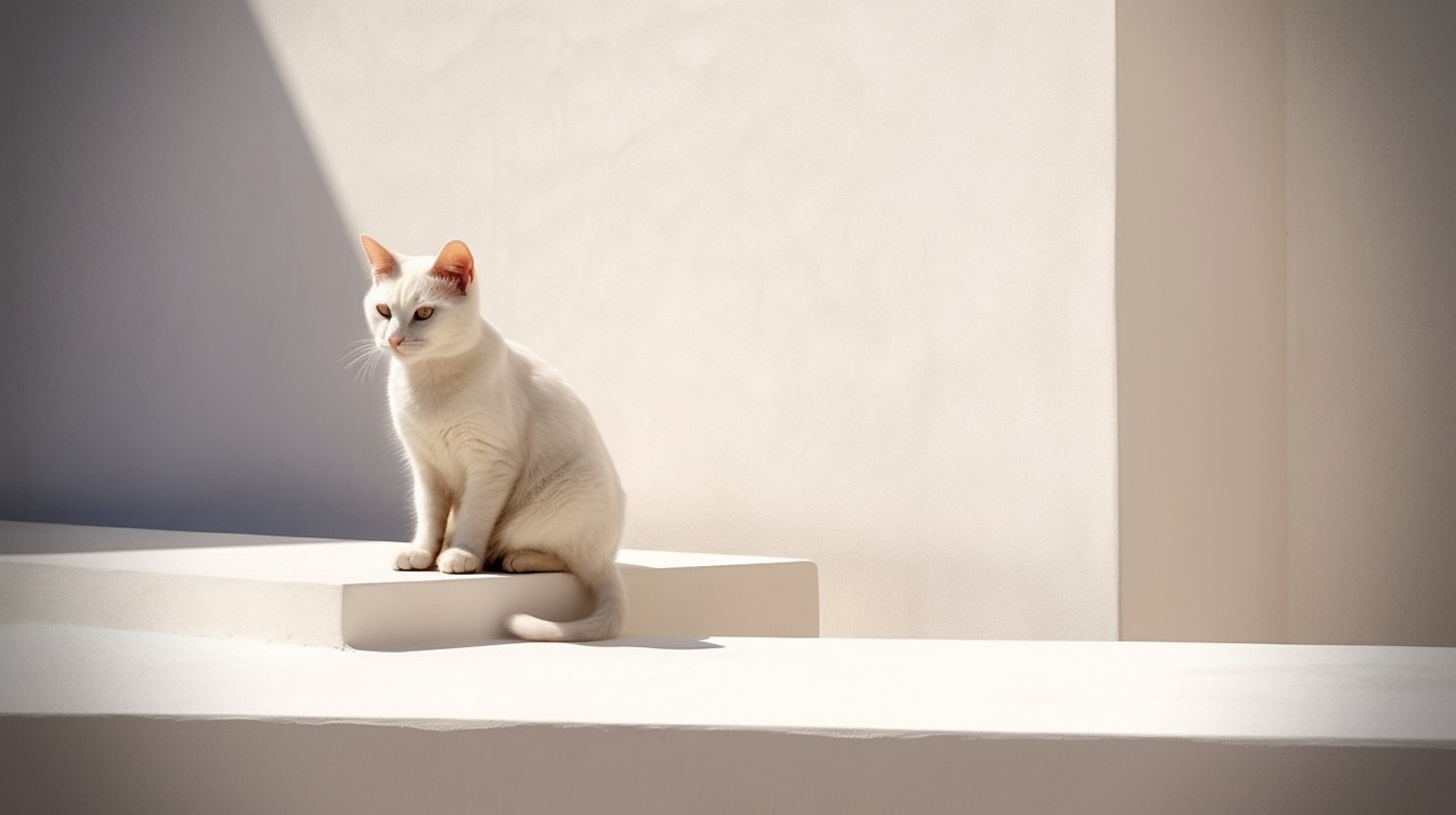 Rasowy biały kotek w minimalistycznym beżowym pustym pokoju