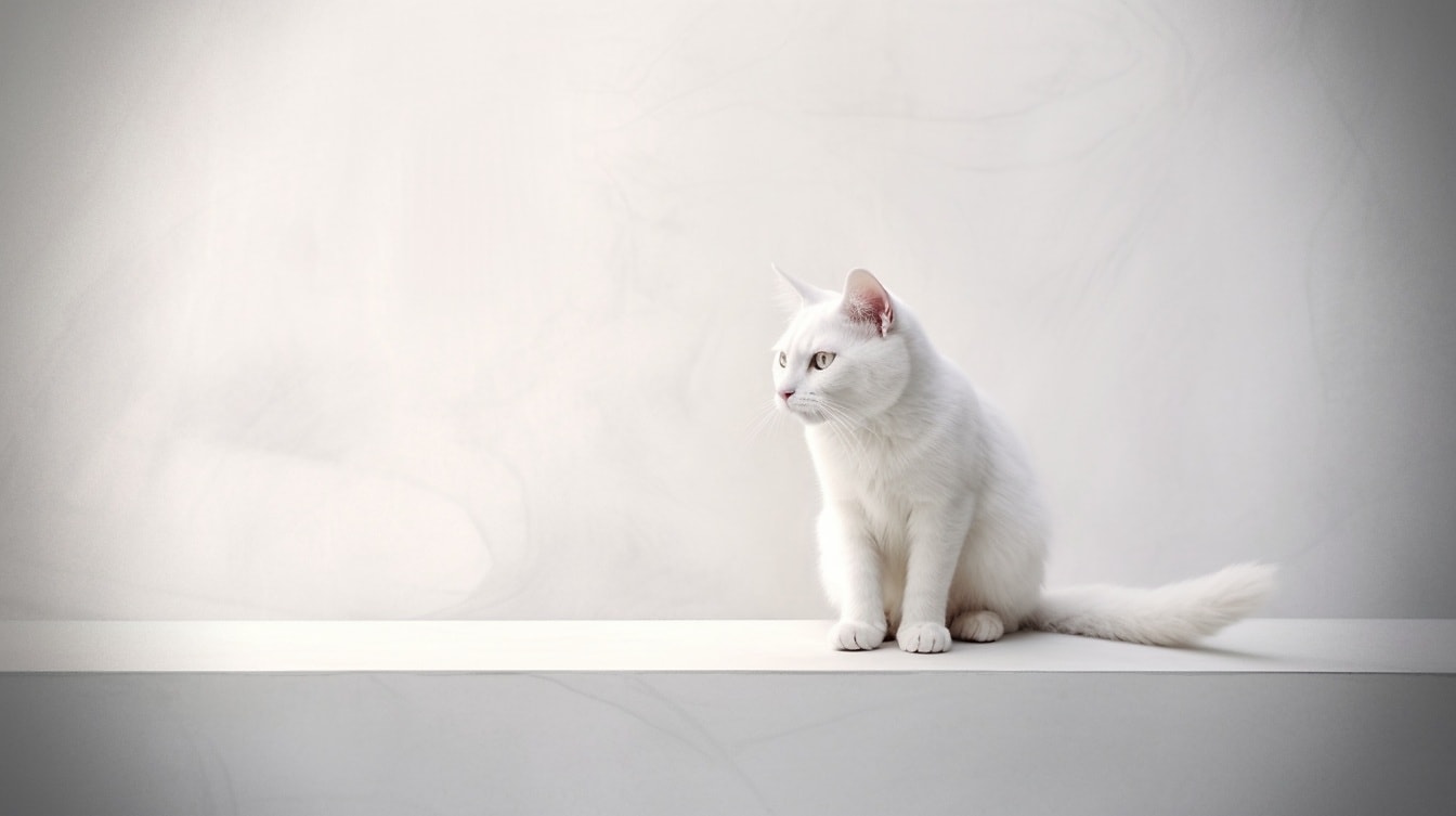 Ilustrație cu o pisică domestică albă stând într-o cameră goală