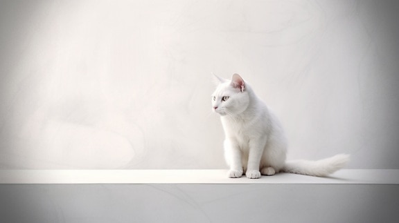 ภาพประกอบของแมวบ้านสีขาวนั่งอยู่ในห้องว่าง