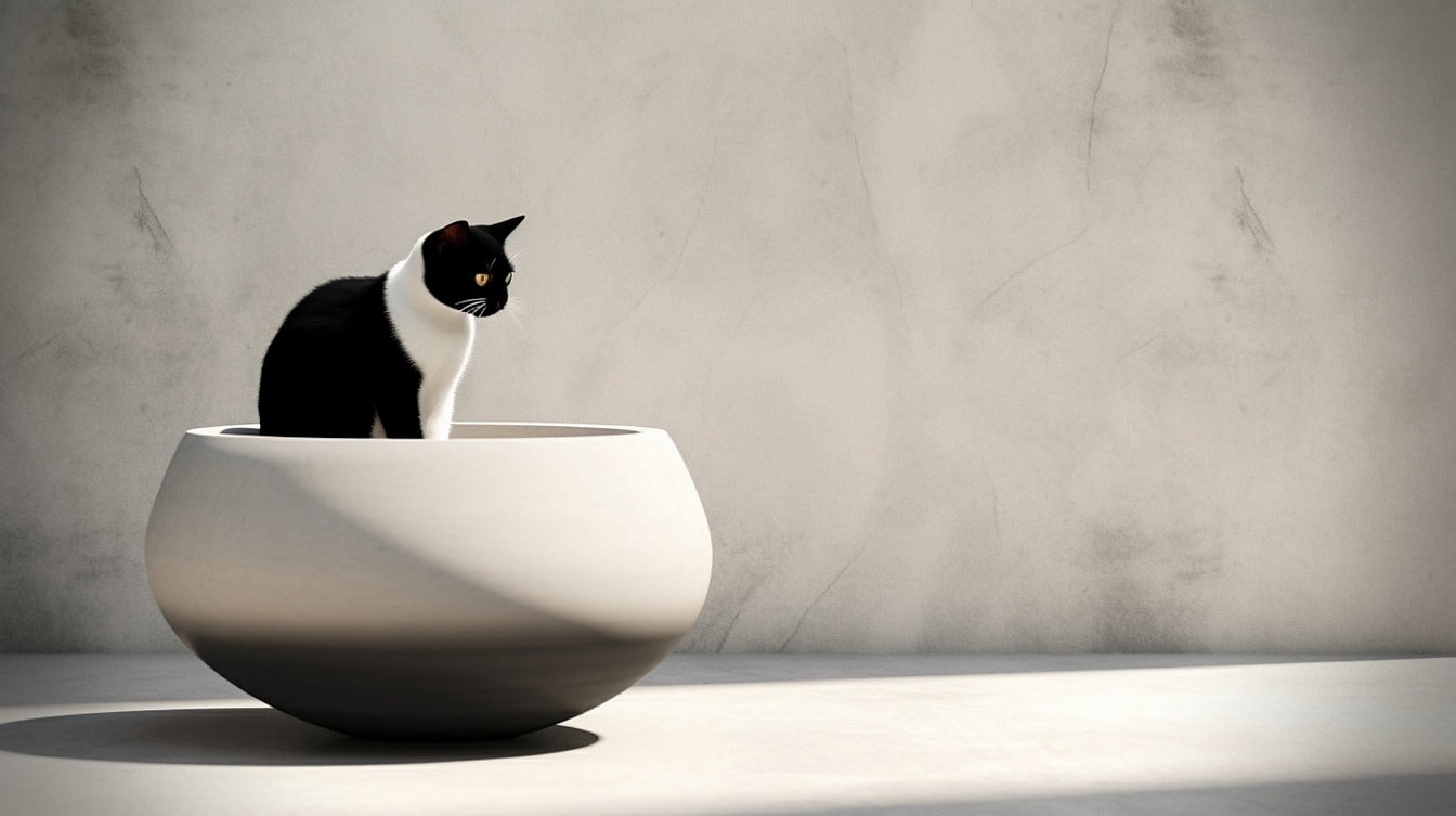 Фотомонтаж на черна и бяла домашна котка в бежова саксия