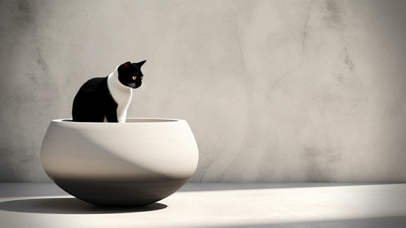 Photomontage of black ad white domestic cat in beige flowerpot