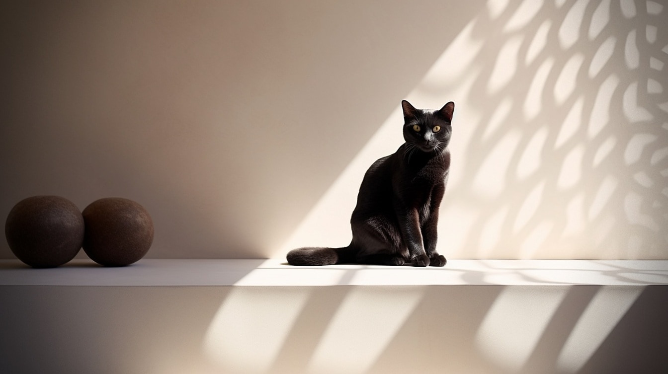 Kucing domestik hitam duduk dalam bayangan di dekat dinding krem