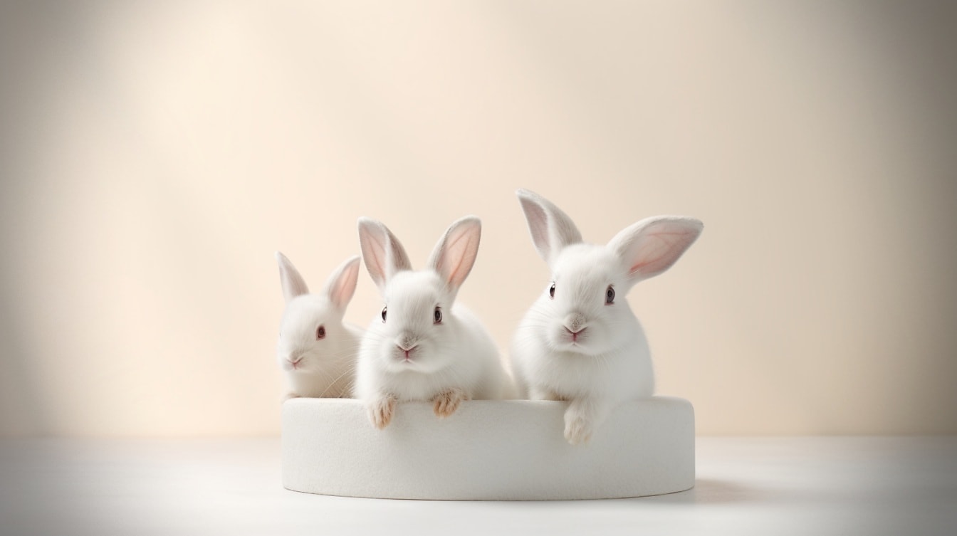 Montase foto cantik dari tiga kelinci kelinci putih albino