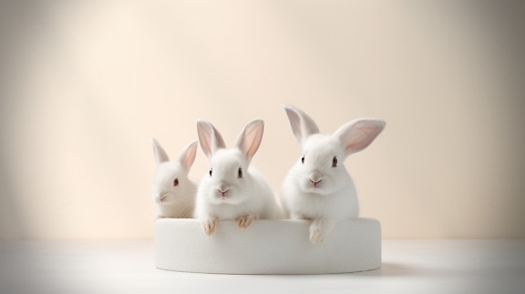 Pretty photomontage of three albino white bunny rabbits