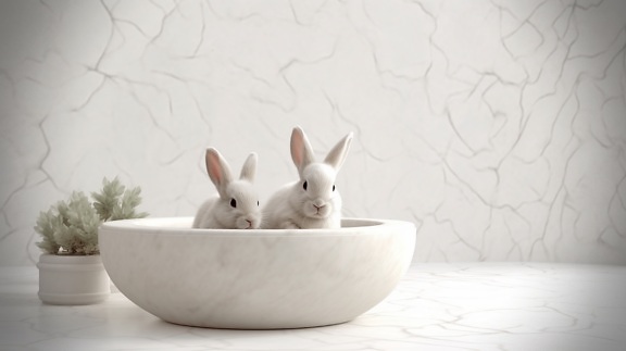 ベージュの灰色のウサギ、テーブルの上の白い大理石のボウル