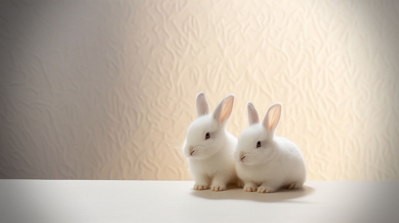 Ilustración de adorables conejos albinos sobre fondo beige