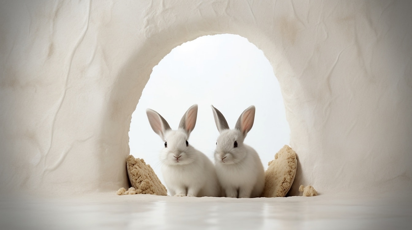 Fotografi studio minimalis kelinci abu-abu yang menggemaskan