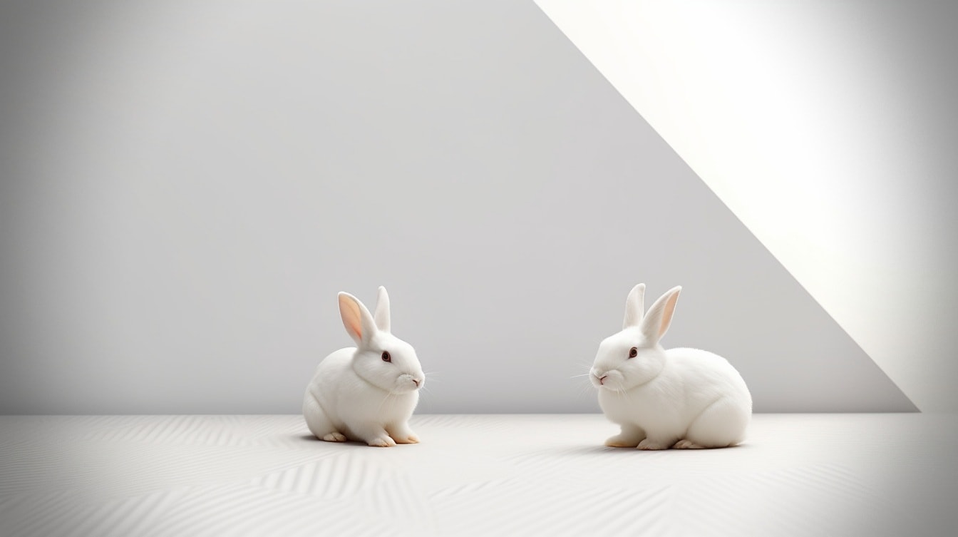 Graphic of albino bunny rabbits in white studio