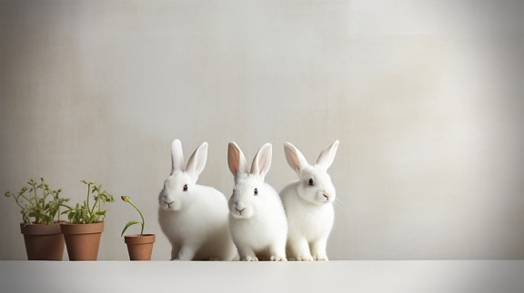 Three adorable white bunnies by flowerpots in studio
