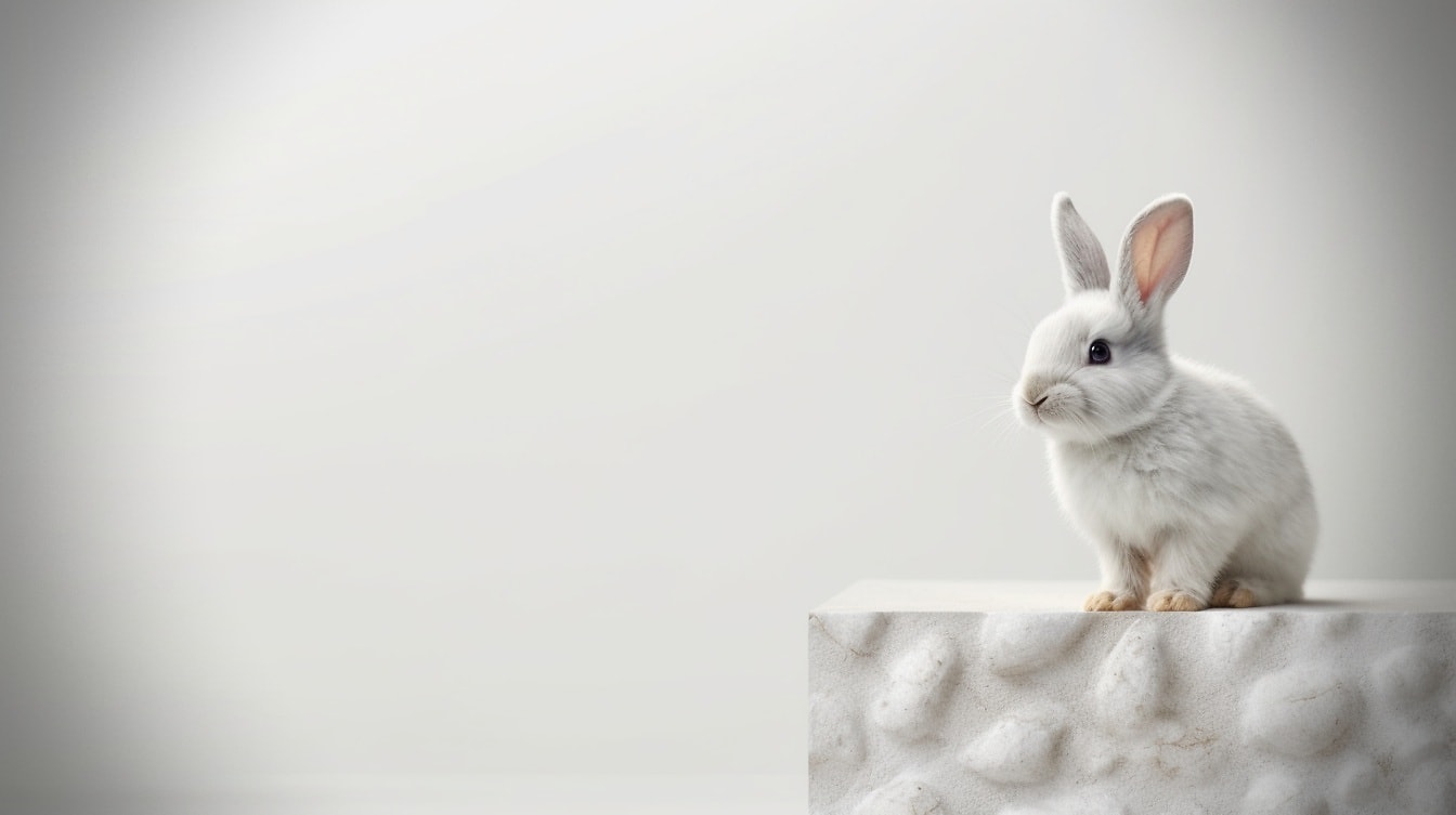 Stüdyoda oturan sevimli gri tavşanın yakın çekimi